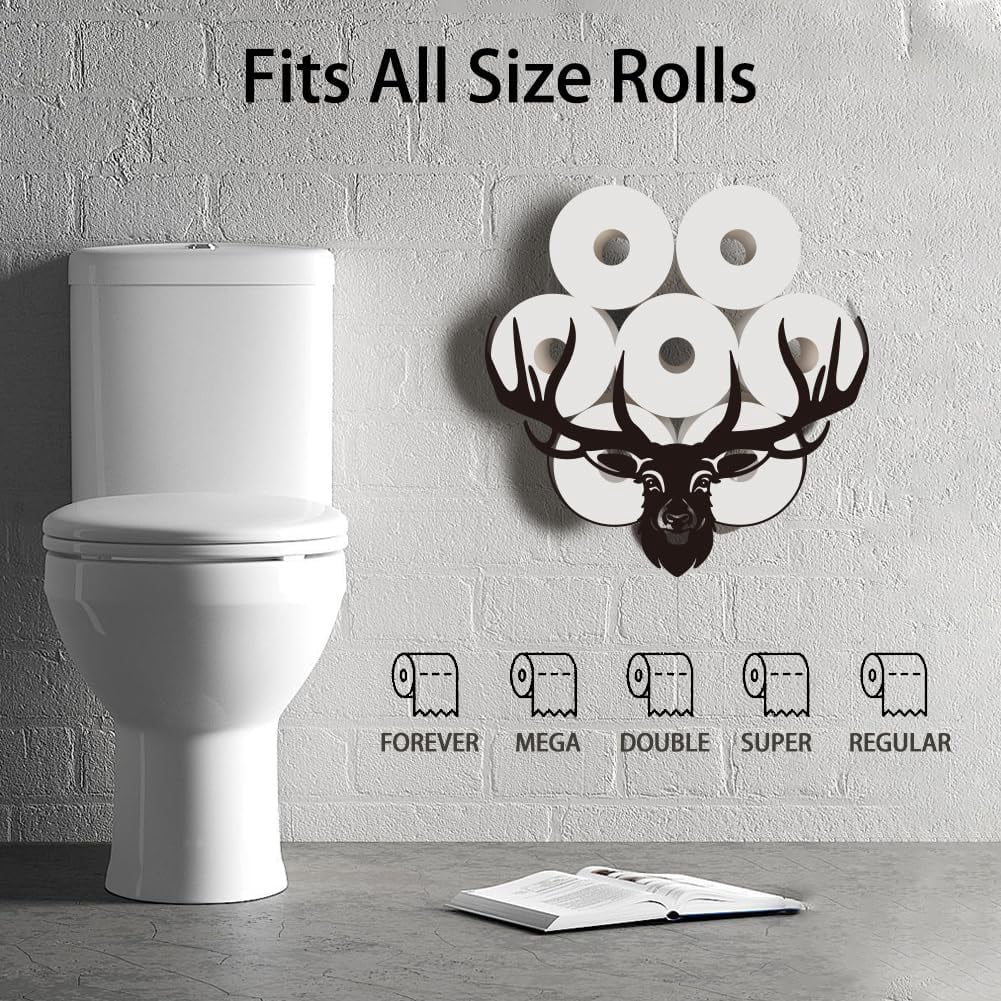 Black Deer Head Toilet Paper Roll Holder Iron Antler Toilet Paper Storage Shelf Cute Animal Toilet Paper Cabinet Deer Bathroom Wall Mounted Toilet Paper Organizer