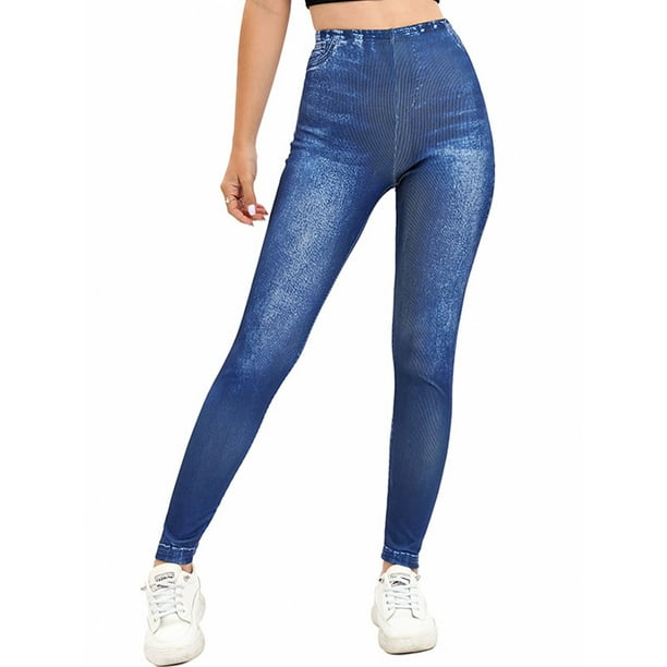 MAWCLOS Women Leggings High Waist Faux Denim Pant Skinny Fake Jeans Stretch  Sport Elastic Waisted Jeggings Blue XS