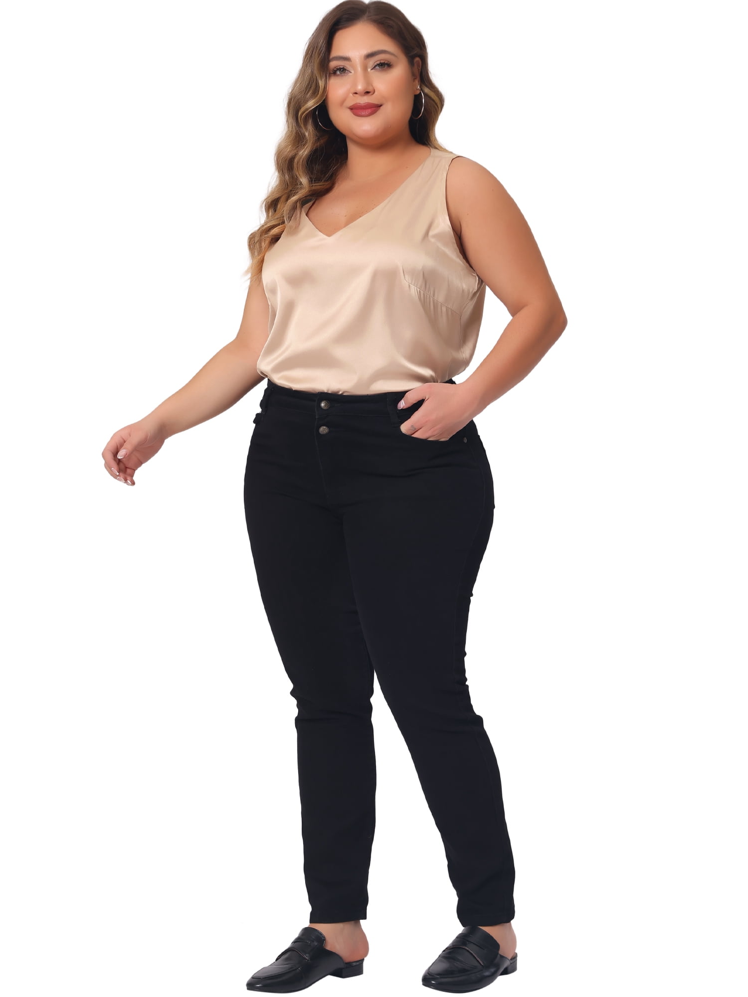 DARING DIVA Women's Plus Casual Silk Satin Tank Top V Neck Cami Blouse 5X Champagne