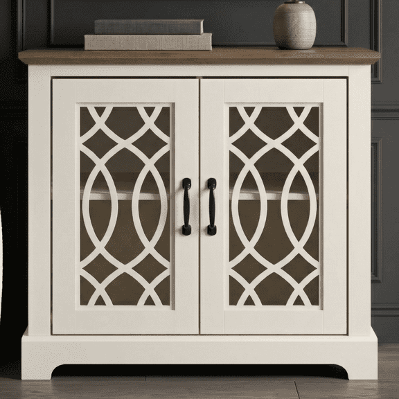 STYLIVIA Raccon 2 Door Accent Cabinet, Ivory with Knotty Oak
