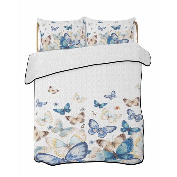 Blue Butterfly Quilts Bedding Set Queen Size Farmhouse Floral Lightweight Quilted Bedspread 3 Piece Bed Quilt with 2 Pillow Shams All Season for Bedroom 78" x 90"