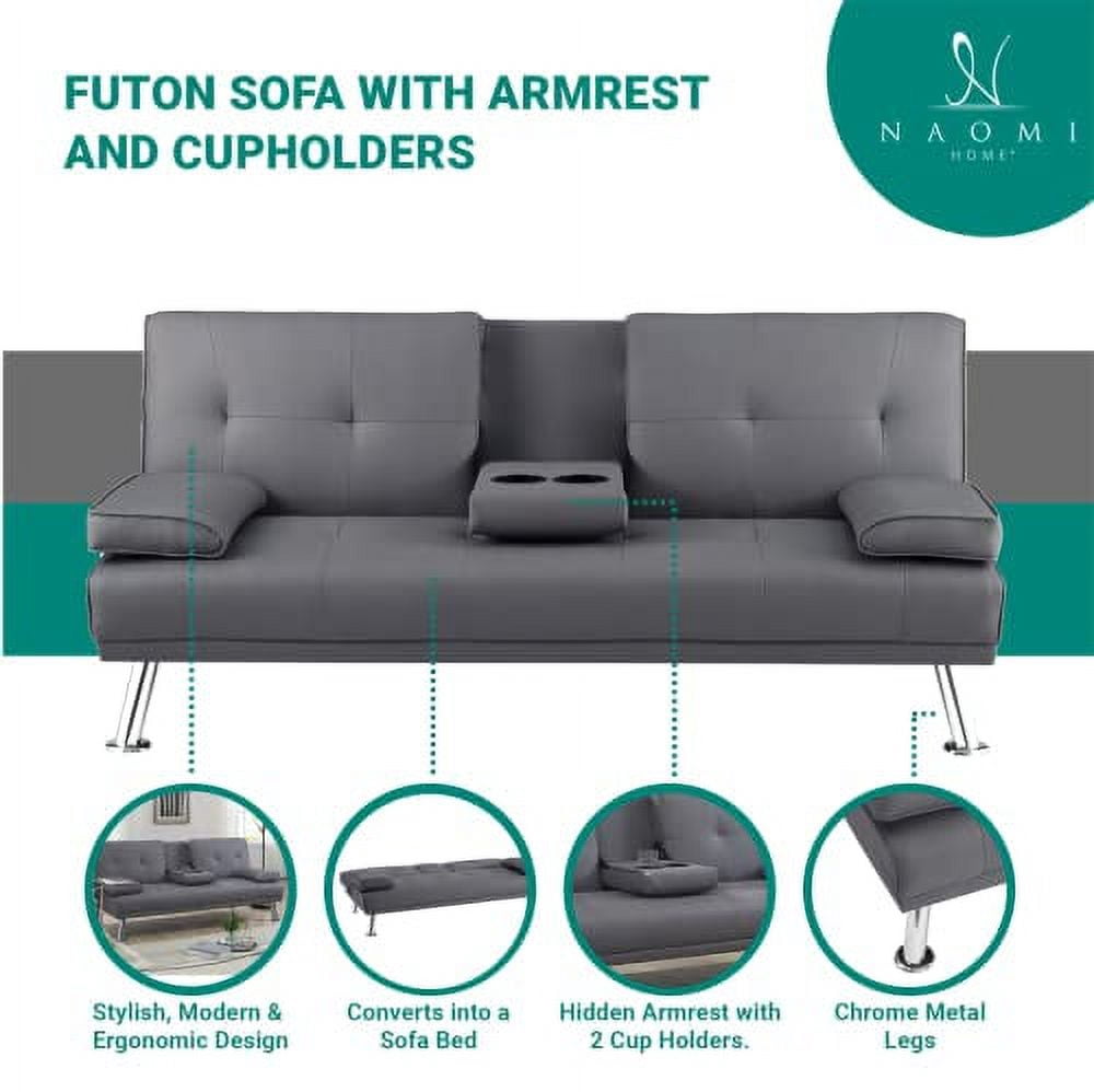 Futon Sofa Bed, Faux Leather Futon Couch with Armrest and 2 Cupholders, Pull Out Sofa Bed Couch Convertible with Metal Legs, Folding, Reclining Small Couch Bed, Futon Bed for Living Room - Gray