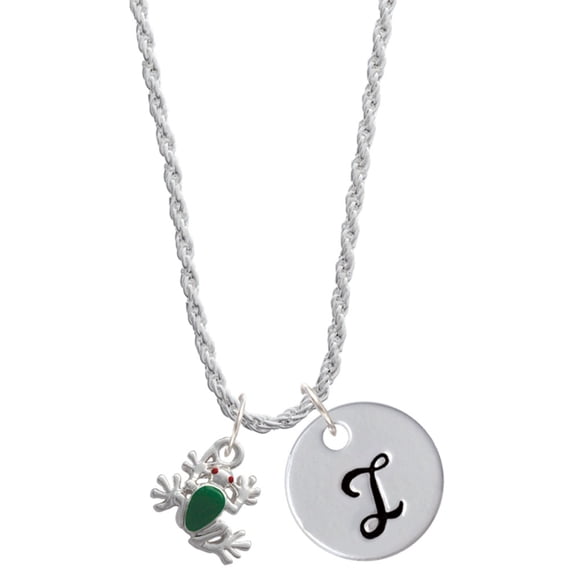 Delight Jewelry Silvertone Mini Green Tree Frog Silvertone Script Initial Disc - I - Charm Necklace, 20"+3"