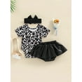 thumbnail image 4 of Qmyliery Baby Girls 3PCS Summer Romper Suit, Short Sleeve Leopard Crew Snap Romper, Plain Short Skirt Pants, Headband, 4 of 9