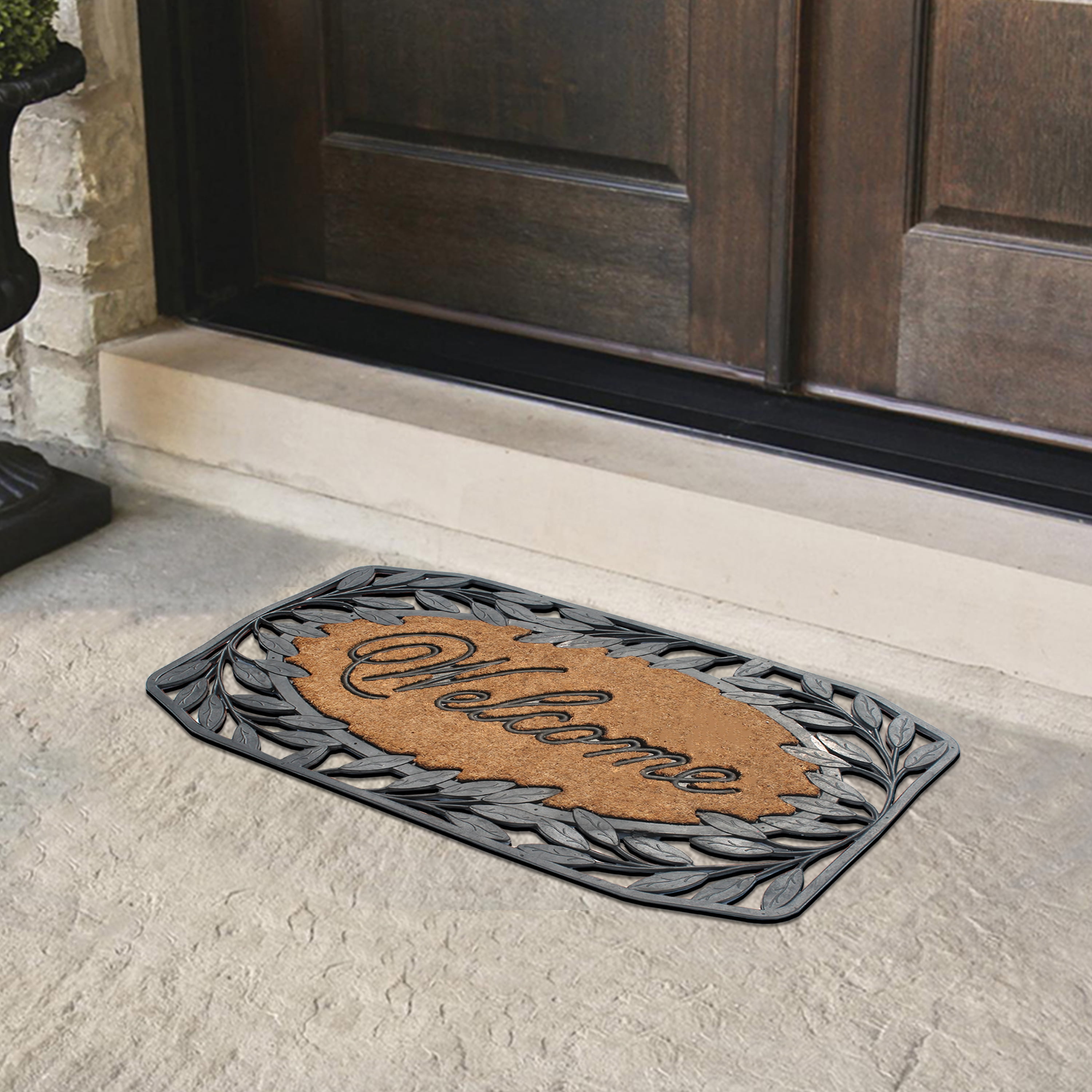 A1 Home Collections 38"×23" Natural Coir & Rubber Doormat - Decorative Welcome Design, Heavy Duty Coconut Fiber Entry Mat with Non-Slip Backing - Anti-Shed Treated, Low Profile Outdoor Front Door Mat