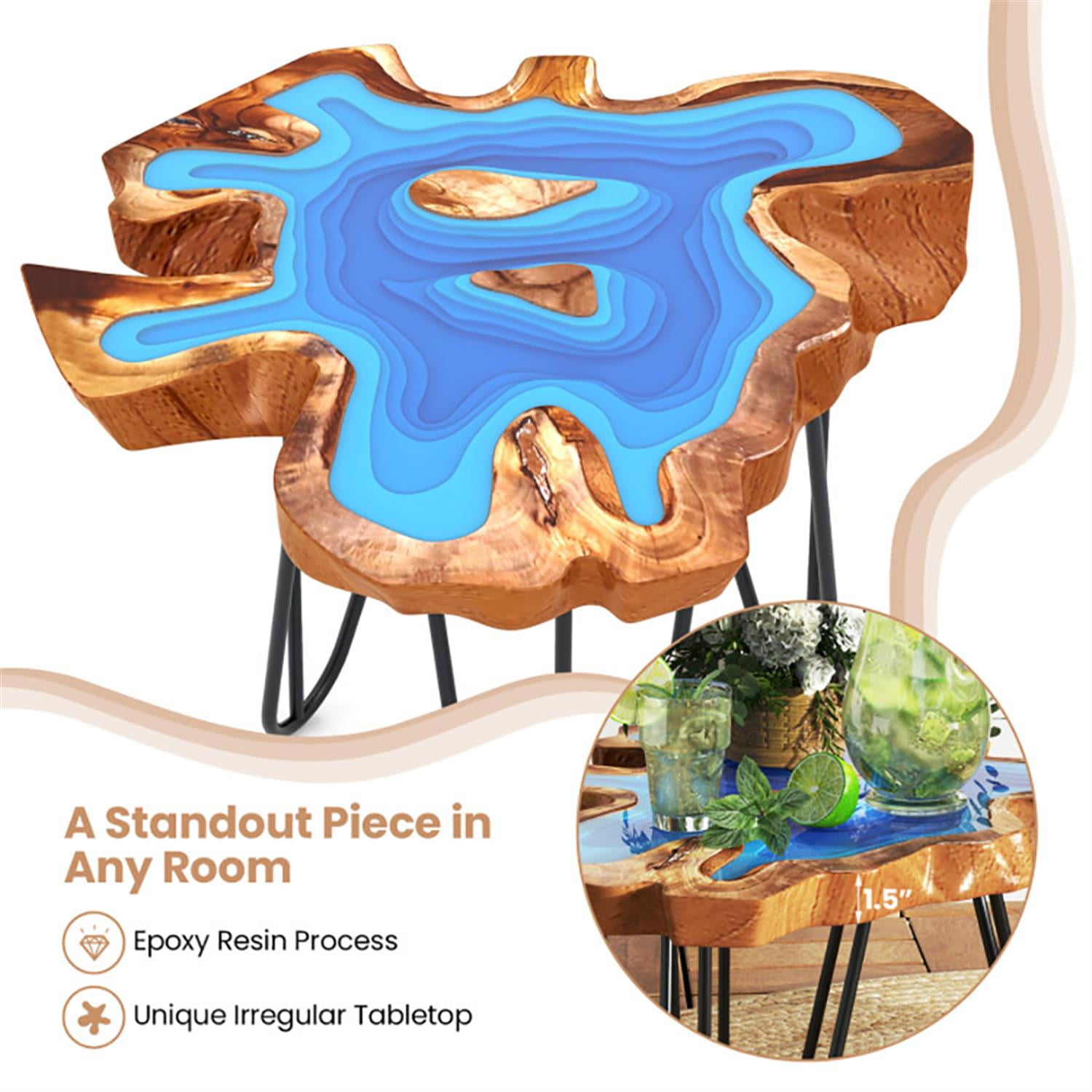 Demi Bonn Teak Wood Sofa Side Table, Outdoor Irregular End Table with Epoxy Resin Tabletop for Small Spaces, Living Room, Bedroom, Brown