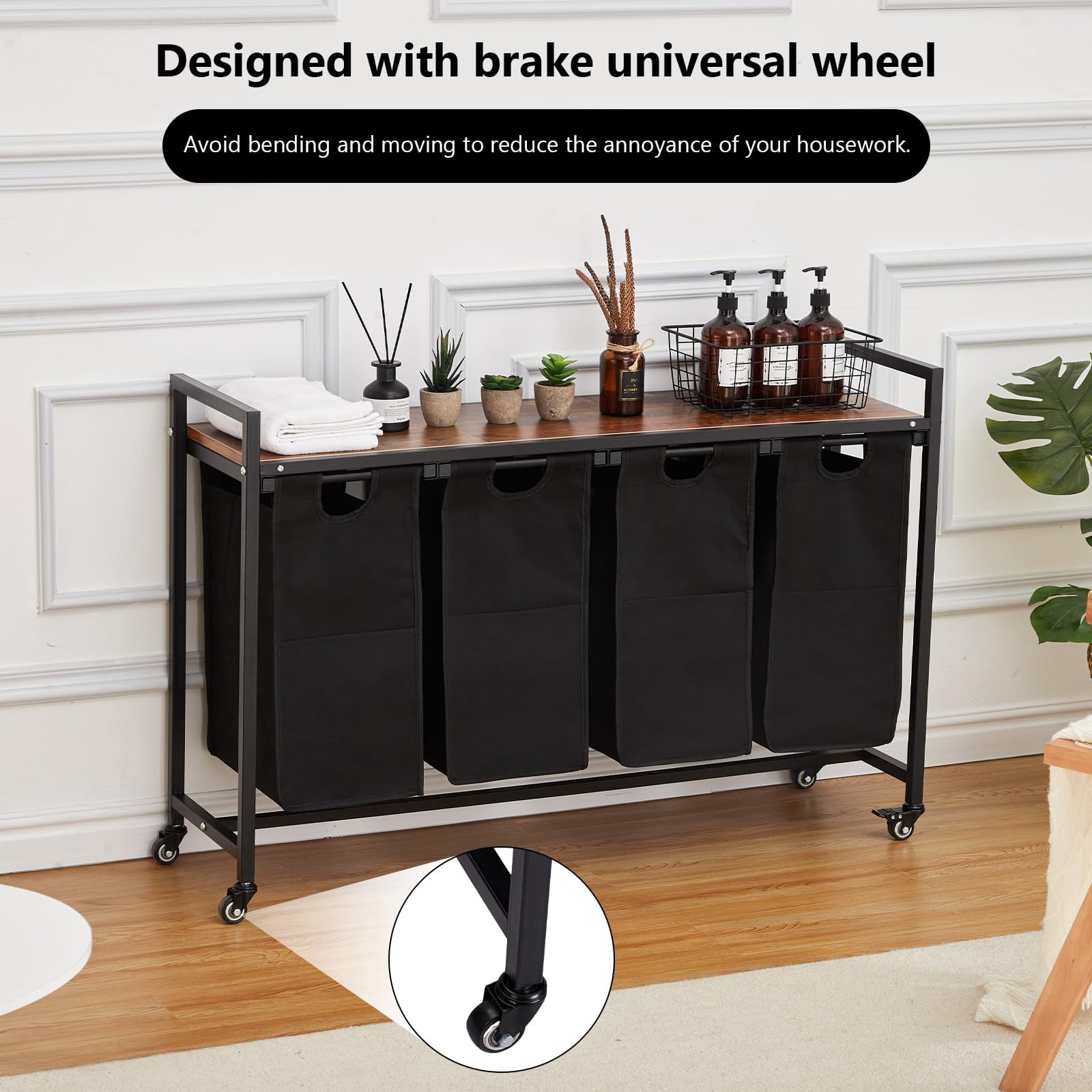 3-Section Laundry Hamper with Ventilated Shelf - Removable Pull-Out Oxford Bags - Rolling Laundry Sorter for Room Organization, Black - 3 Baskets