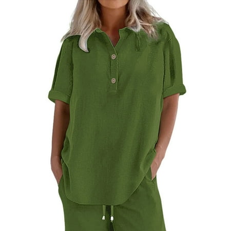 ZHENHONG T Shirts for Women Casual Solid Short Sleeve V Neck Blouse Loose Rolled Sleeve Henley Neck Shirt Multicolor Women Blouses
