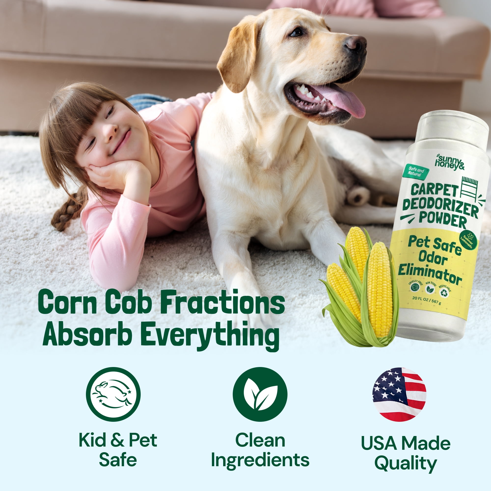 Sunny & Honey Carpet Deodorizer Powder - Pet Safe Freshener for Carpets, Pet Beds and Car Seats - Lemon Odor Eliminator for Cat Urine and Wet Dog Smells (20 oz)