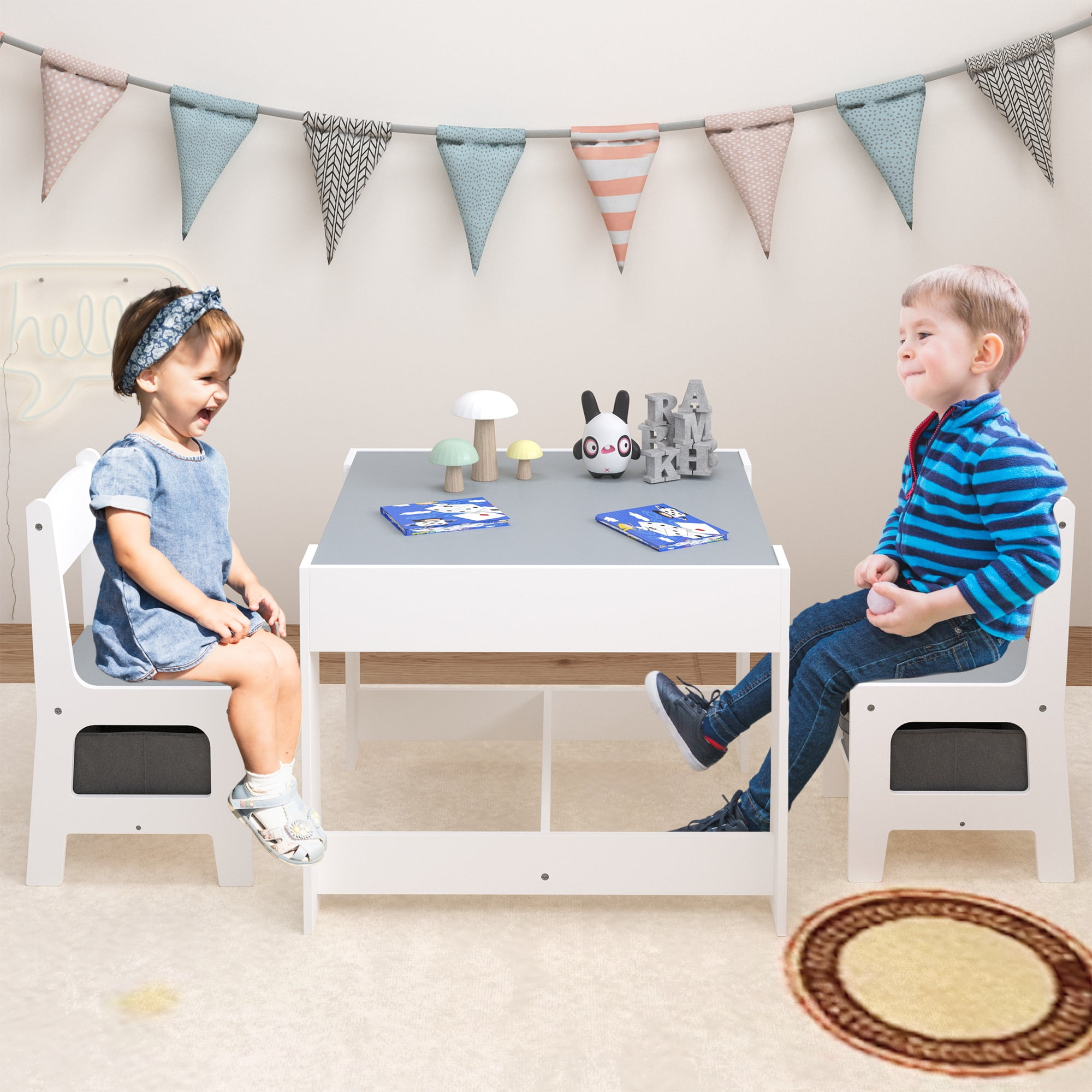 3 in 1 Children Table and Chair Set, SHINPT Kids Furniture with 1 Table and 2 Chairs for Drawing, Reading, Play, Kids Craft Table with Detachable Blackboard, Toddler Play Table for Nursery, Playroom
