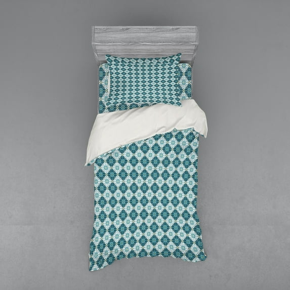 Moroccan Duvet Cover Set, Traditional Folkloric Flower Ornaments in Squares Detailed Art, Bedding Set with Shams and Fitted Sheet, 3 Sizes, by Ambesonne