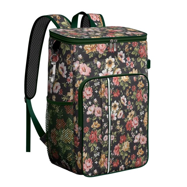 Sac à Dos Glacière à Imprimé Floral Rétro - Grande Capacité 20 L, Isolation Durable pour le Camping et les Sorties à la Plage