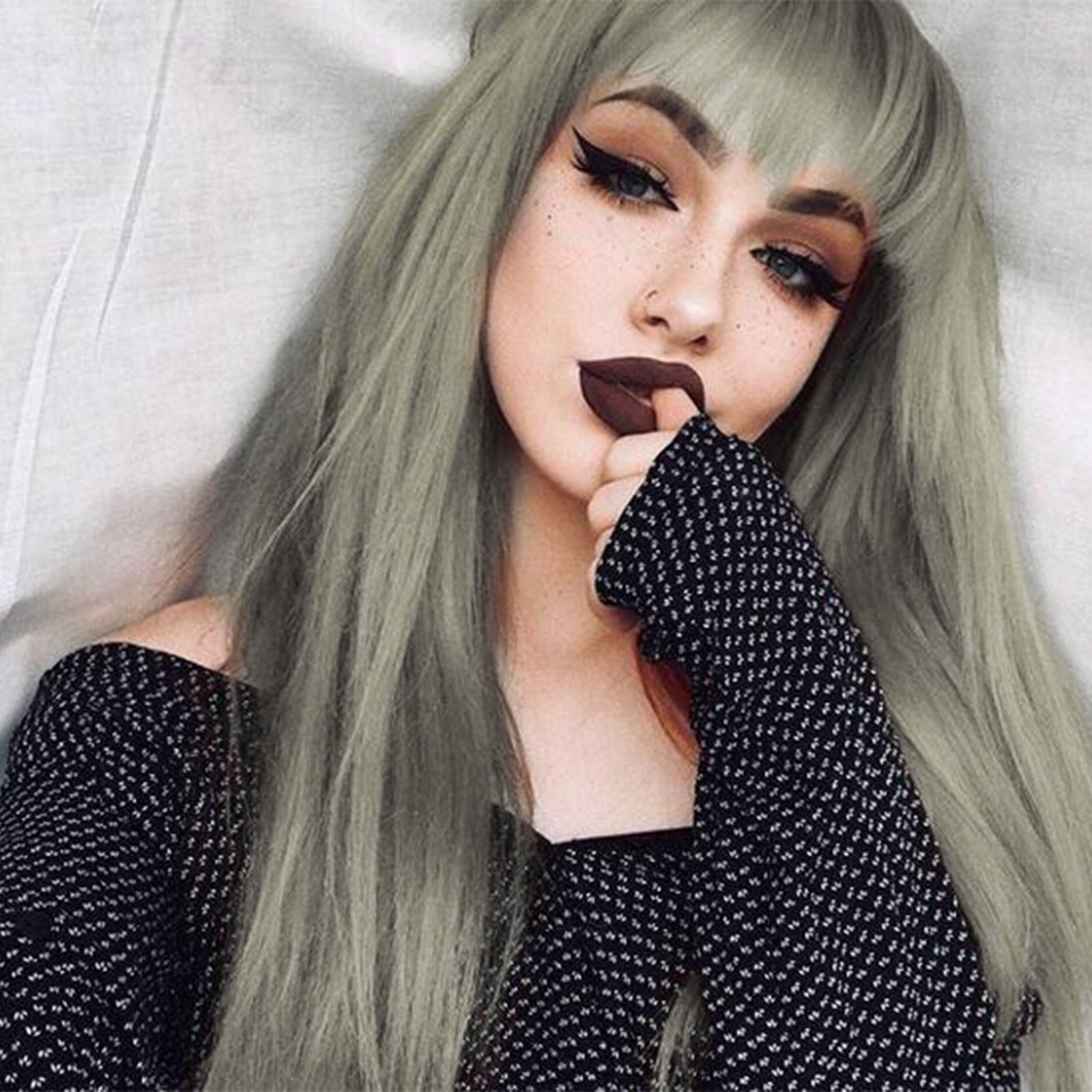 YSGFHGJW Wigs for Black Women,Long Straight Wig With Bangs Hair Wig For Women Synthetic Natural Wig ,Various Colors Available,Daily Wear Party And Cosplay Soft Wig,Gray