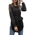 thumbnail image 1 of Blusa de longitud media perspectiva encaje cuello redondo botón cintura alta cinturón Top para mujer negro S, 1 of 6