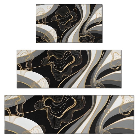 Black White Marble Gold Line Pattern Kitchen Rugs Sets Of 3,Kitchen Runner Rugs Non Skid Washable,Decorative Kitchen Floor Mats for Kitchen,Sink,Laundry,17"x30" 17"x47" 17"x59"