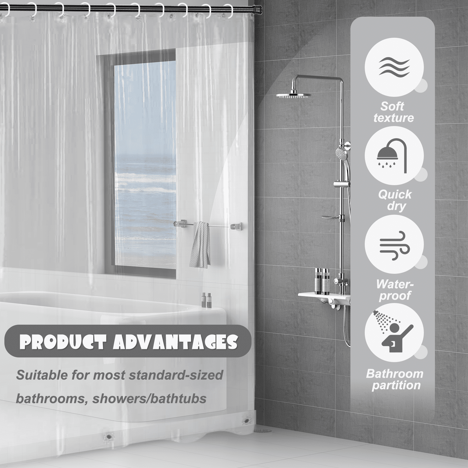 Dznils Extra Long Clear PEVA Shower Curtain Liner with Hooks Mildew Resistant, 72" W x 78" H, 2 Pack