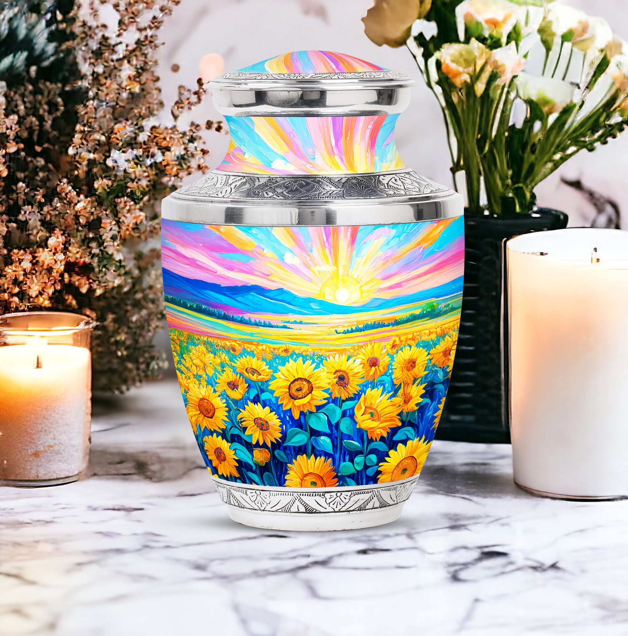 MUKTIVE Sunflower Large Cremation Urn for Human Ashes Mom & Dad, Memorial Blue Urns for Ashes Adult Male & Female, Funeral Urns for Ashes, Urn for Husband & Wife, 10 Inch