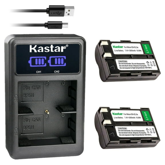 Kastar 2-Pack EN-EL3A Battery and LED2 USB Charger Compatible with Nikon EN-EL3, EN-EL3a Battery, Nikon MH-18, MH-18a, MH-19 Charger, Nikon D50, D70, D70s, D100, D100 SLR Cameras