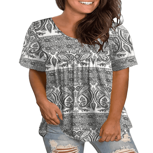 CHUANK Womens Summer Plus Size Tops V Neck Buttons Pleated Flared Blouses m-4xl
