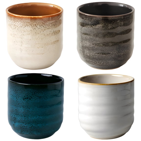 4 Pcs Japanese Style Ceramic Tea Cups, Lead-Free, Microwave & Dishwasher Safe, Unique Ribbed Design, 6.76 oz/200 ml, Multicolor, Artisan Glazed, Ideal for Elegant Japanese Tea Ceremony