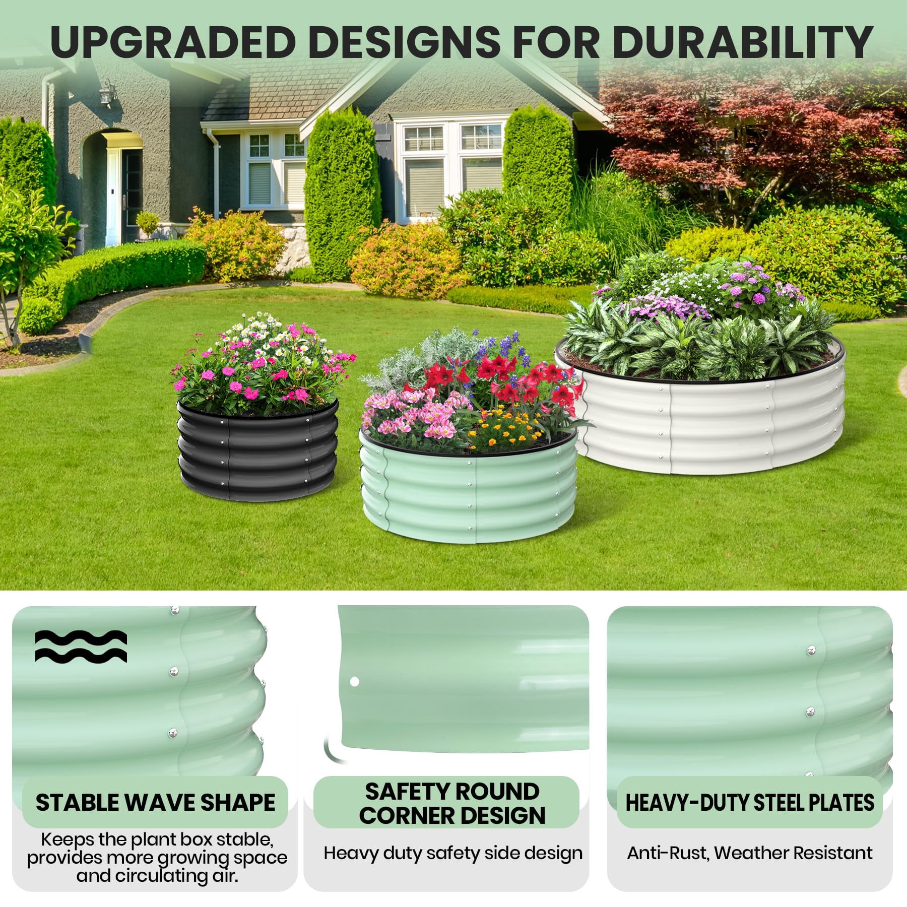 Yeshouse Round Galvanized Raised Garden Bed - 2FT/3FT/4FT Sizes - Outdoor Flower & Vegetable Bed - Heavy - Duty & Open - Bottom Design