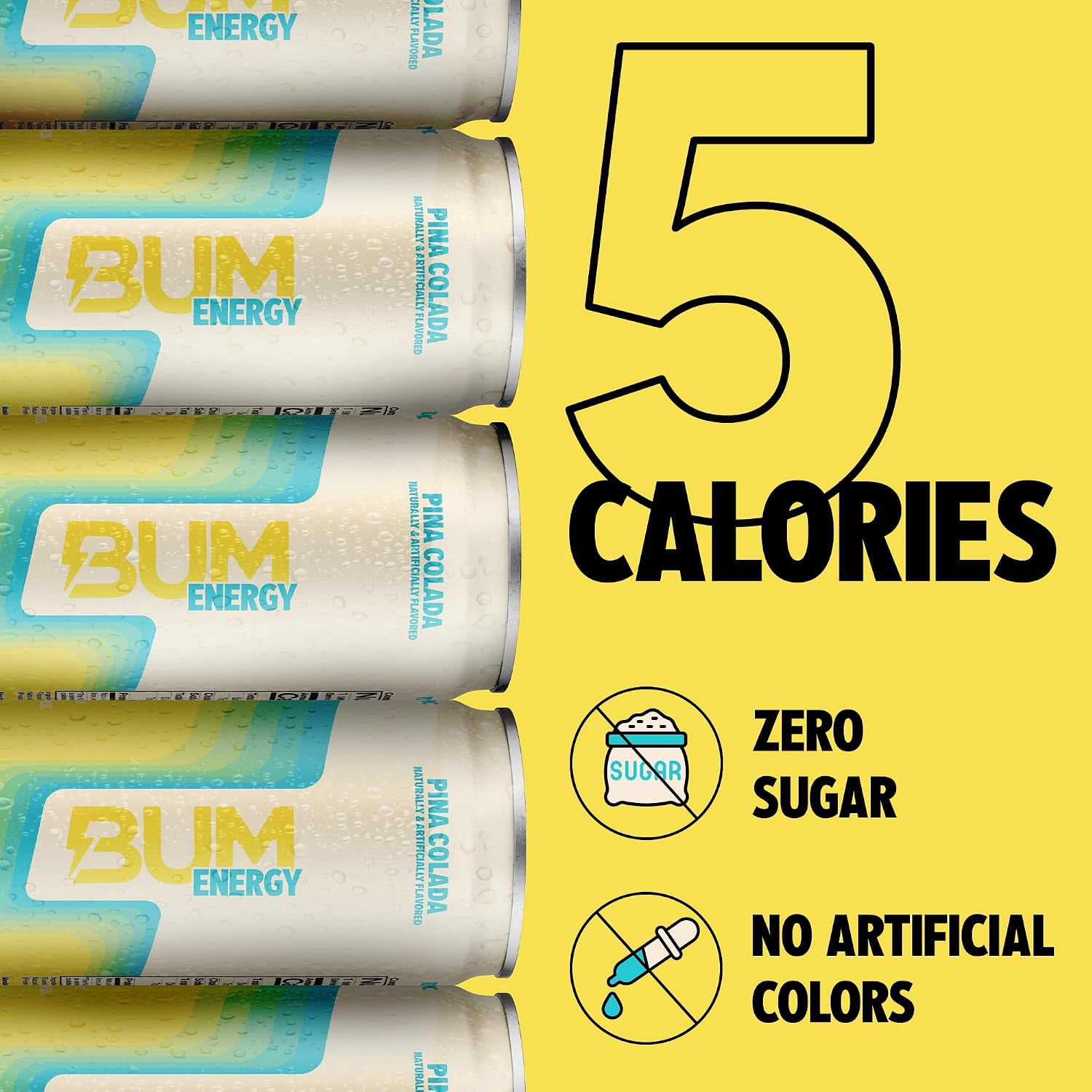 BUM Sugar-Free Energy Drink, Pina Colada - Lightly Carbonated & No Artificial Colors, Natural Caffeine & Citicoline for Energy & Focus, Brain Boost & Workout Sports Beverage - 12 oz, Pack of 12