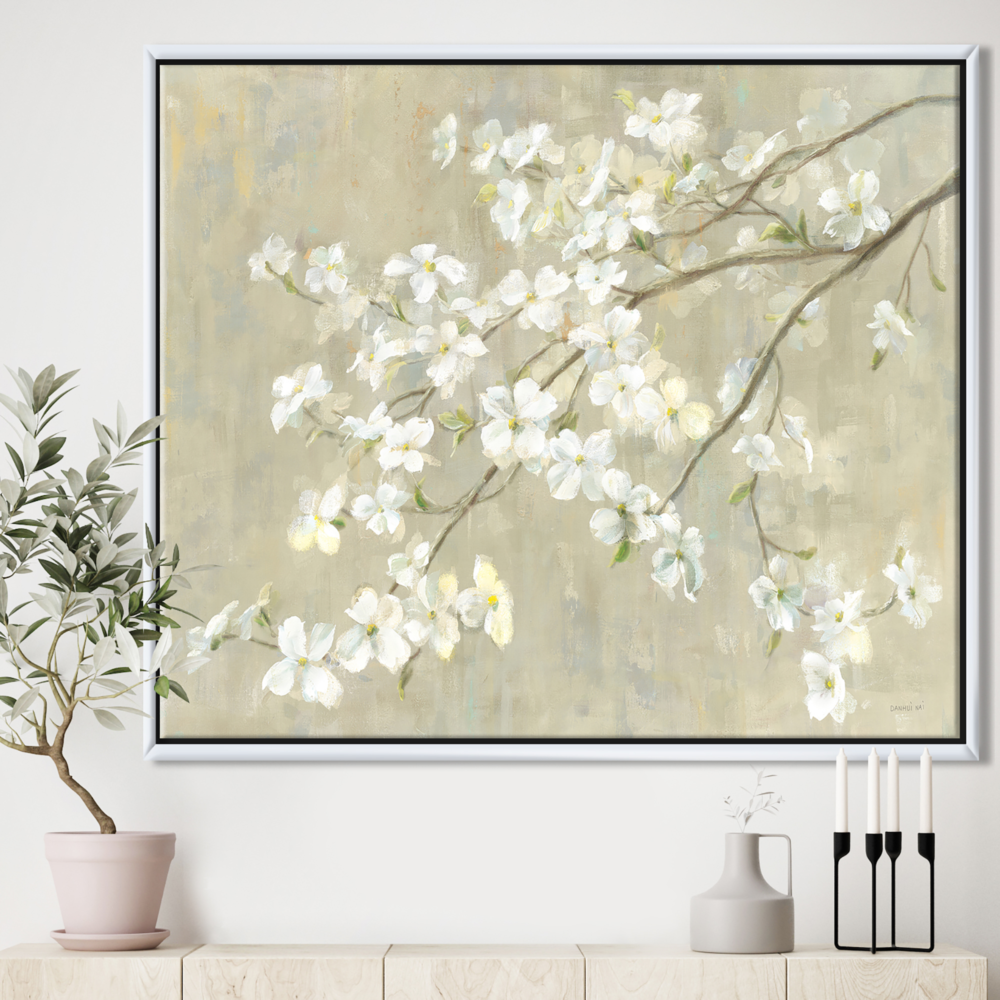 Designart ' Dogwood in Spring Neutral ' Farmhouse Framed Canvas