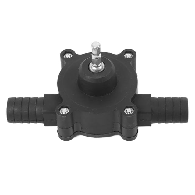 bomba manual, bomba de perforación bomba manual de transferencia de agua de cc bomba de perforación logre más cuerpo ABS negro con conectores de manguera en ambos extremos, eje hexagonal superior visible y cuatro tornillos de fijación; se acciona con taladro eléctrico manual (120–650 W, 1500–3500 rpm) con caudal 20–40 L/min. También suele usarse como bomba portátil para trasvase de agua en proyectos de bricolaje.