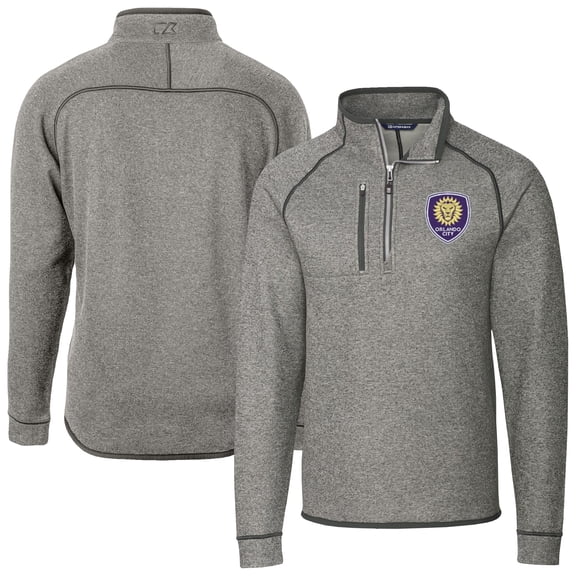 Men's-Cutter & Buck  Heather Gray Orlando City SC Big & Tall Mainsail Sweater-Knit Half-Zip Pullover Top