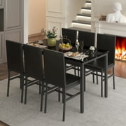 7 Piece Kitchen Dining Table & Chair Set, Dining Room Table Set with Faux Marble Tabletop PU Leather Padded Chairs, Rectangle Dining Table Set for 6, Dinette Set for Kitchen Dining Room Small Space
