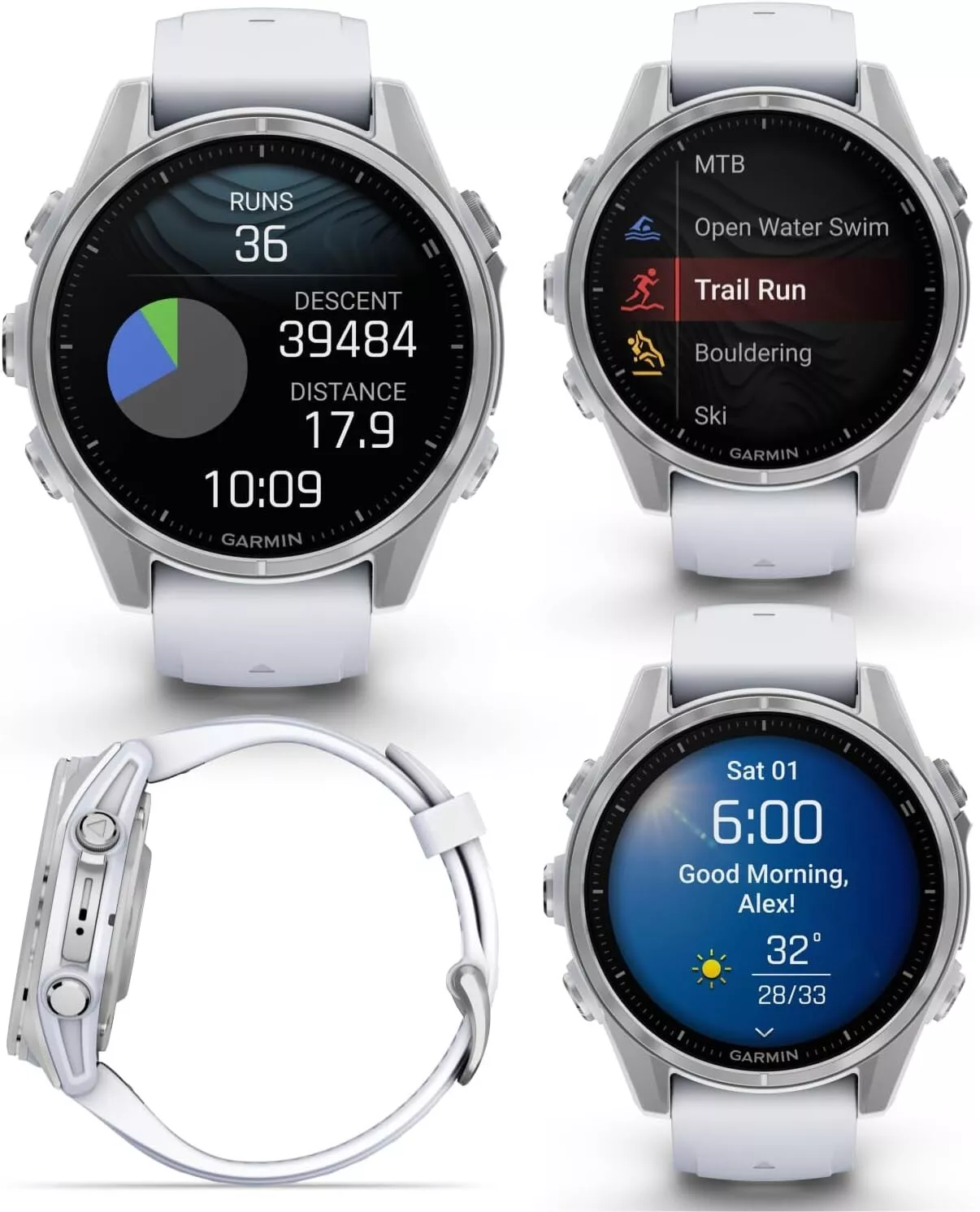 Garmin Fenix 8 43 mm, AMOLED Multisport GPS Smartwatch, Silver with Whitestone Silicone Band, Built-in LED Flashlight with White EarBuds