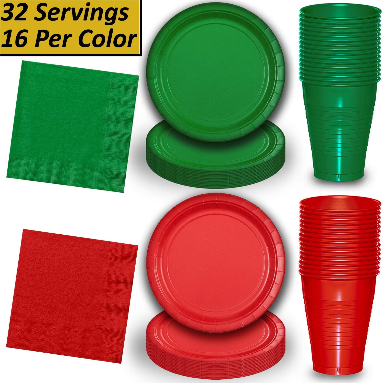 Red and Green Dinnerware Pack - 32 Sets - Large Paper Plates (9