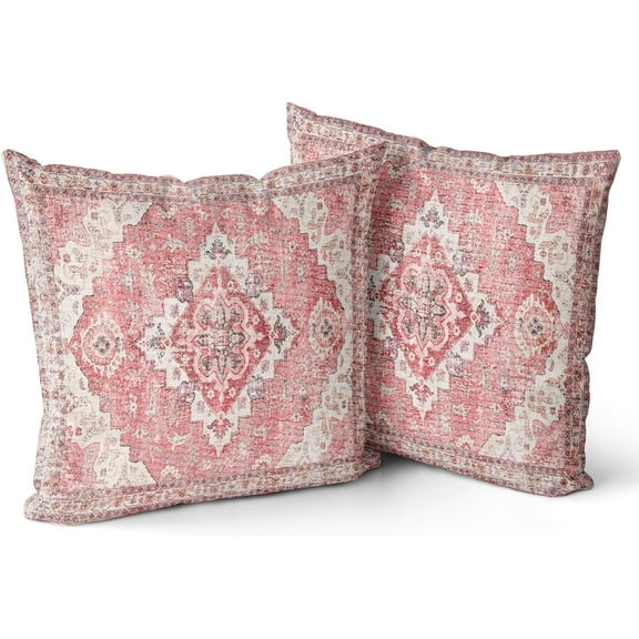 Pink Boho Throw Pillow Covers Set of 2 Monaco Rug Persian Carpet Double Sided Pattern Cotton Soft Pillow Case Cushion Cover Pillowcase for Garden Couch Sofa Bed Decorative 18x18 inch