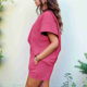 thumbnail image 5 of Conjunto de Pijama de 2 Piezas para Mujer, Color Liso, Cuello Redondo, Informal, de Tela Texturizada, Corta, Rosa Roja, Talla M, 5 of 7