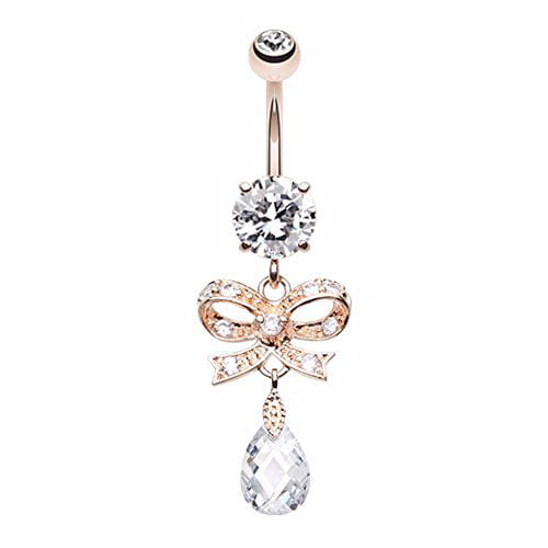Sold by Piece Flower with Solitaire CZ and Paved Gemmed Tear Drop Mini Dangle 316L Surgical Steel WildKlass Navel Ring 