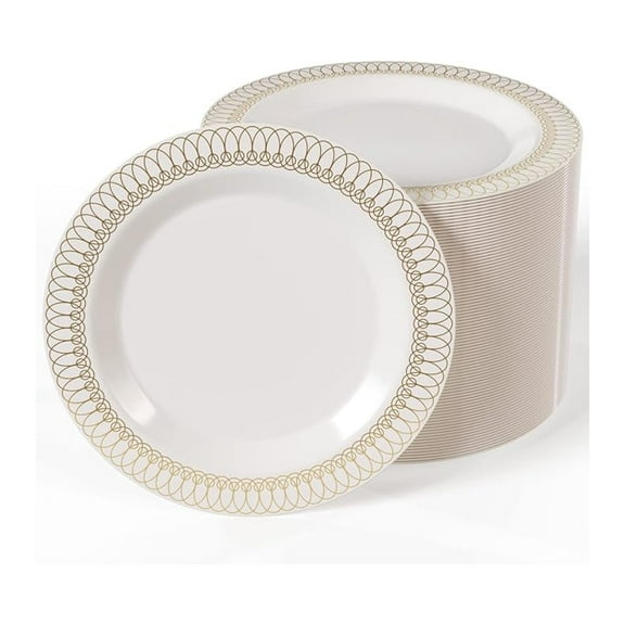 Disposable Plastic Plates - Pack Of 40 - 7.5 In. Disposable Plates For Party - Dinner Premium Plastic Plates Cream Colored With Oval Design - For Wedding, Anniversary & Party