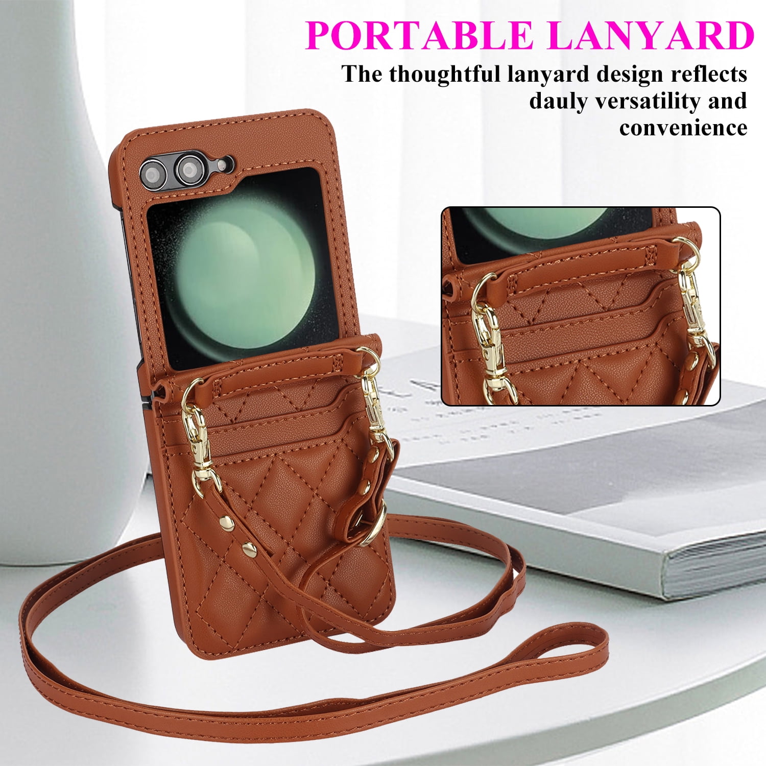 for Samsung Galaxy Z Flip 7 Crossbody Wallet Case with Built-in Card Slots Premium PU Leather Wristlet Strap and Lanyard, Carrying Handbag Phone Case for Samsung Galaxy Z Flip 7 Women Girls, Brown