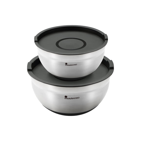 MasterPRO FOODIES COLLECTION - Set 4Pzs Bol Mezcla Acero Inox con Tapa - Escala de Medición - Base Antideslizante - Duradero y Estilizado