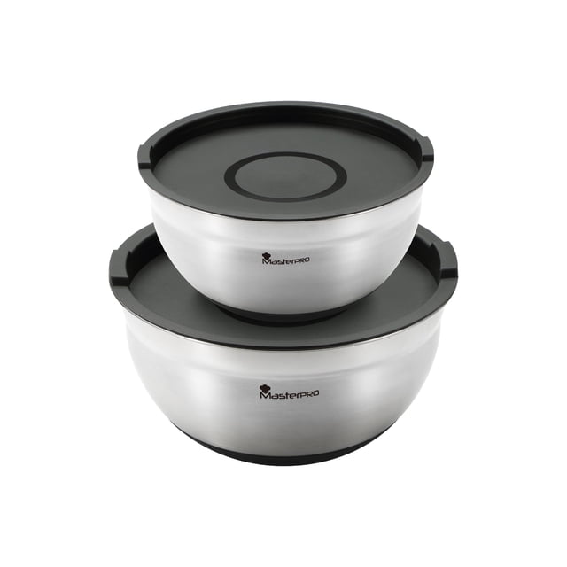 MasterPRO FOODIES COLLECTION - Set 4Pzs Bol Mezcla Acero Inox con Tapa - Escala de Medición - Base Antideslizante - Duradero y Estilizado