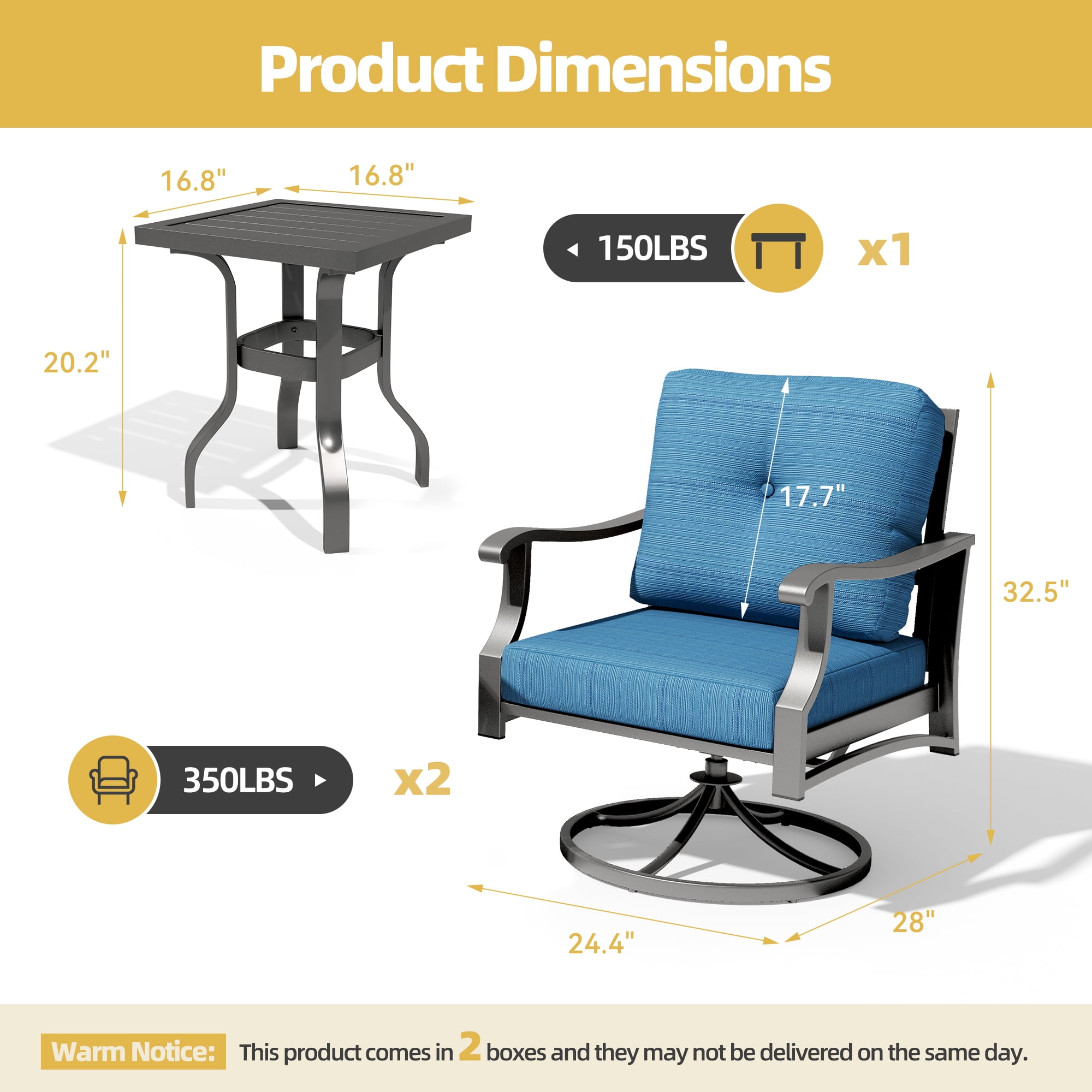 Mvpipi Outdoor Swivel Rocker Chairs, 3 Piece Metal Patio Rocking Chair w/Coffee Table, Aluminum Patio Bistro Furniture Set with 5" Thickened Cushions for Porch, Backyard, Balcony, Blue