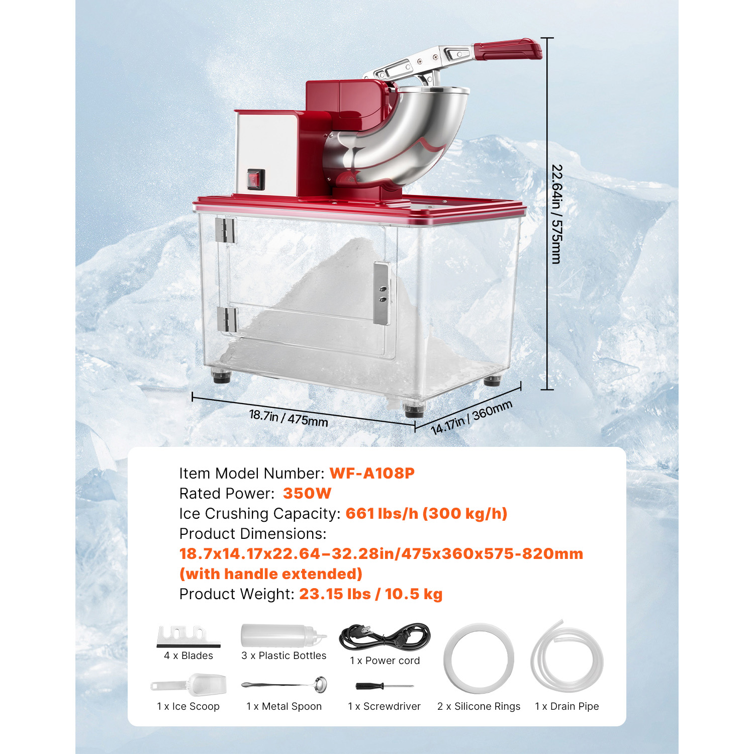KFFKFF Commercial Ice Crusher 661LBS/H, 350W Electric Shaved Ice Machine with 4 Blades, 2000RPM Stainless Steel Design, Includes 11 Gal Ice Storage Box, Ideal for Homes, Restaurants, and Bars, Red
