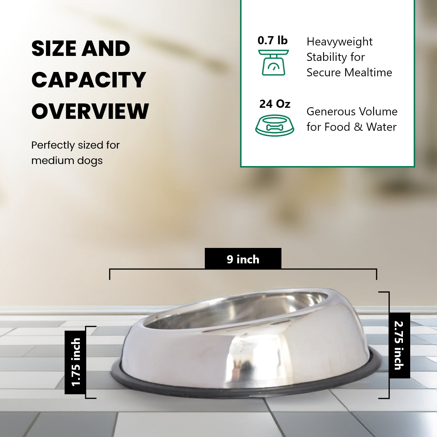 Iconic Pet Heavy Weight Non-Skid Easy Feed High Back Pet Bowl For Dog Or Cat, 24 Oz, 3 Cup