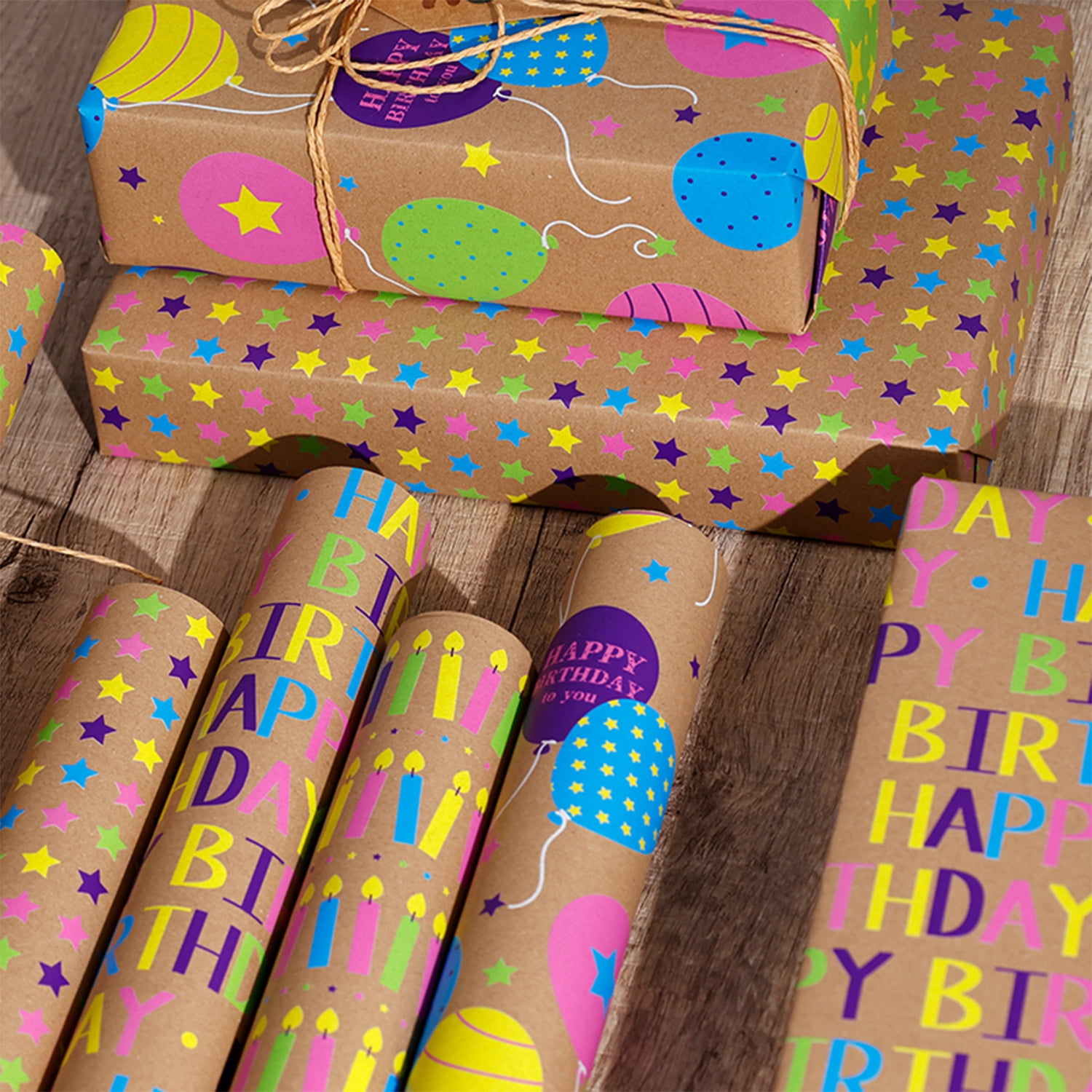 Kraft Birthday Wrapping Paper, Vintage Brown Gift Wrap Paper with Colorful Balloons Candles Happy Birthday for Party - 3 Rolls, 17 inch X 120 inch Each