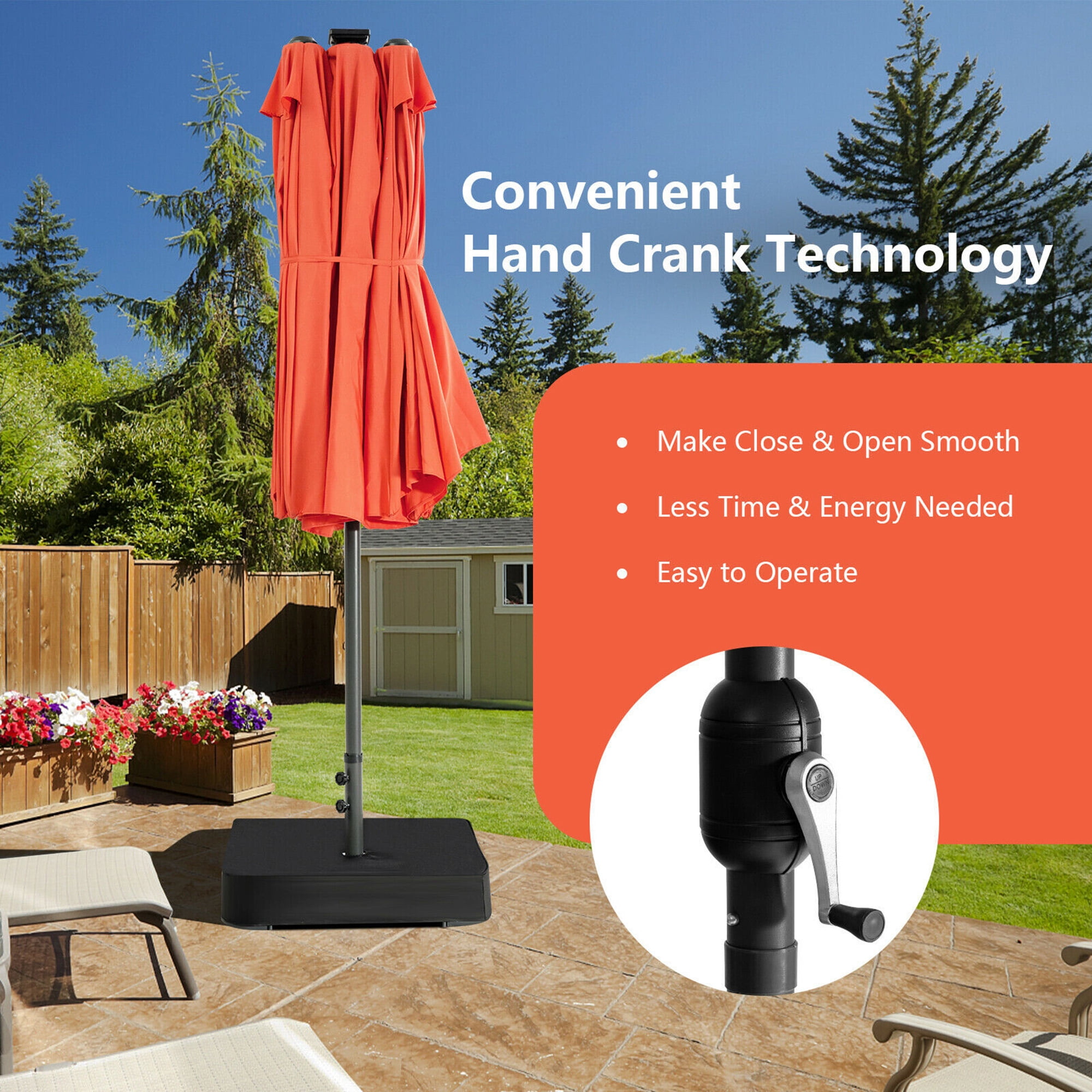 Gymax Outdoor 15' Double-Sided Patio Umbrella 48 Solar LED Lights Crank & Base Orange