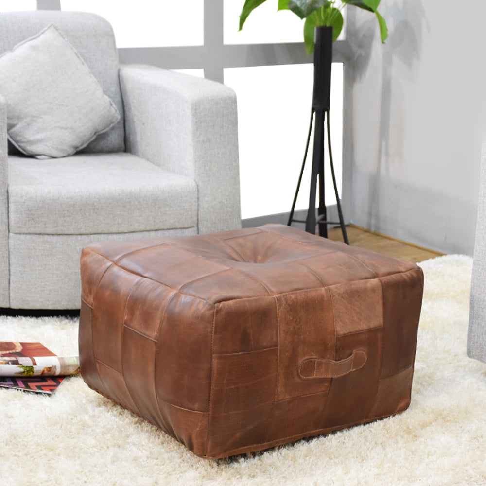 Solid Handmade Buffalo Leather Square Pouf (Recycled Foam with Fibre