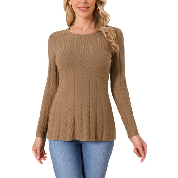 INSPIRE CHIC Women's Long Sleeve Sweaters Crewneck Stretch Knit Tops Fall Winter Casual Shirt S Brown