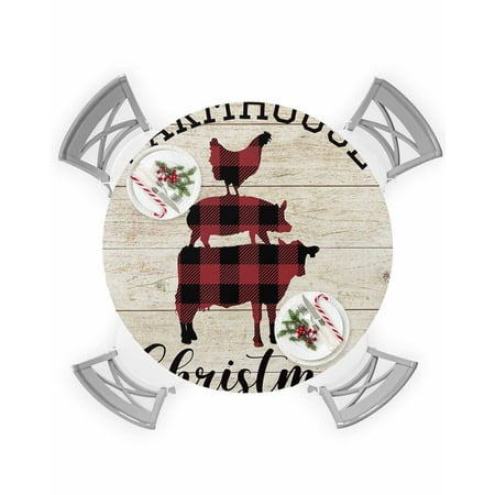 

Round Tablecloth with Elastic Christmas Farm Animal Red Black Plaid Wood Grain Waterproof Table Cover Wipeable Fitted Table Cloths for 36 -44 Round Tables Dining Kitchen Indoor Outdoor Use