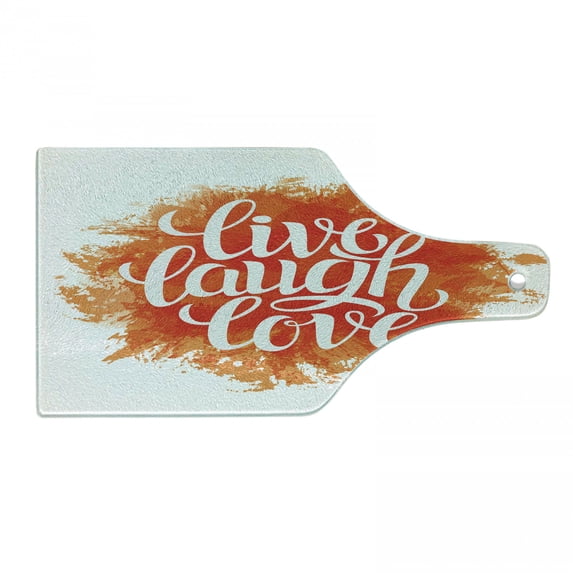 Live Laugh Love Cutting Board, Hand Drawn Style Cheerful Brushstroke Background Motivation Phrase Print, Tempered Glass Cutting and Serving Board, Wine Bottle Shape, Orange White, by Ambesonne
