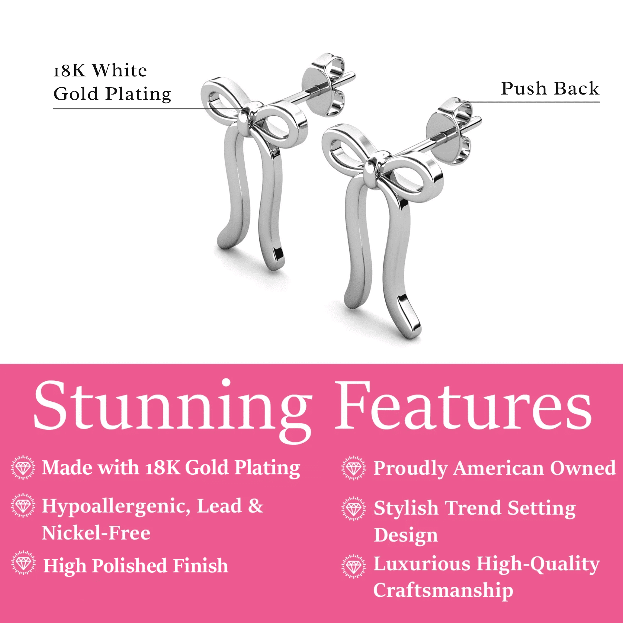 Cate & Chloe Lola 18k White Gold Plated Ribbon Bow Drop Earrings, Gift for Women