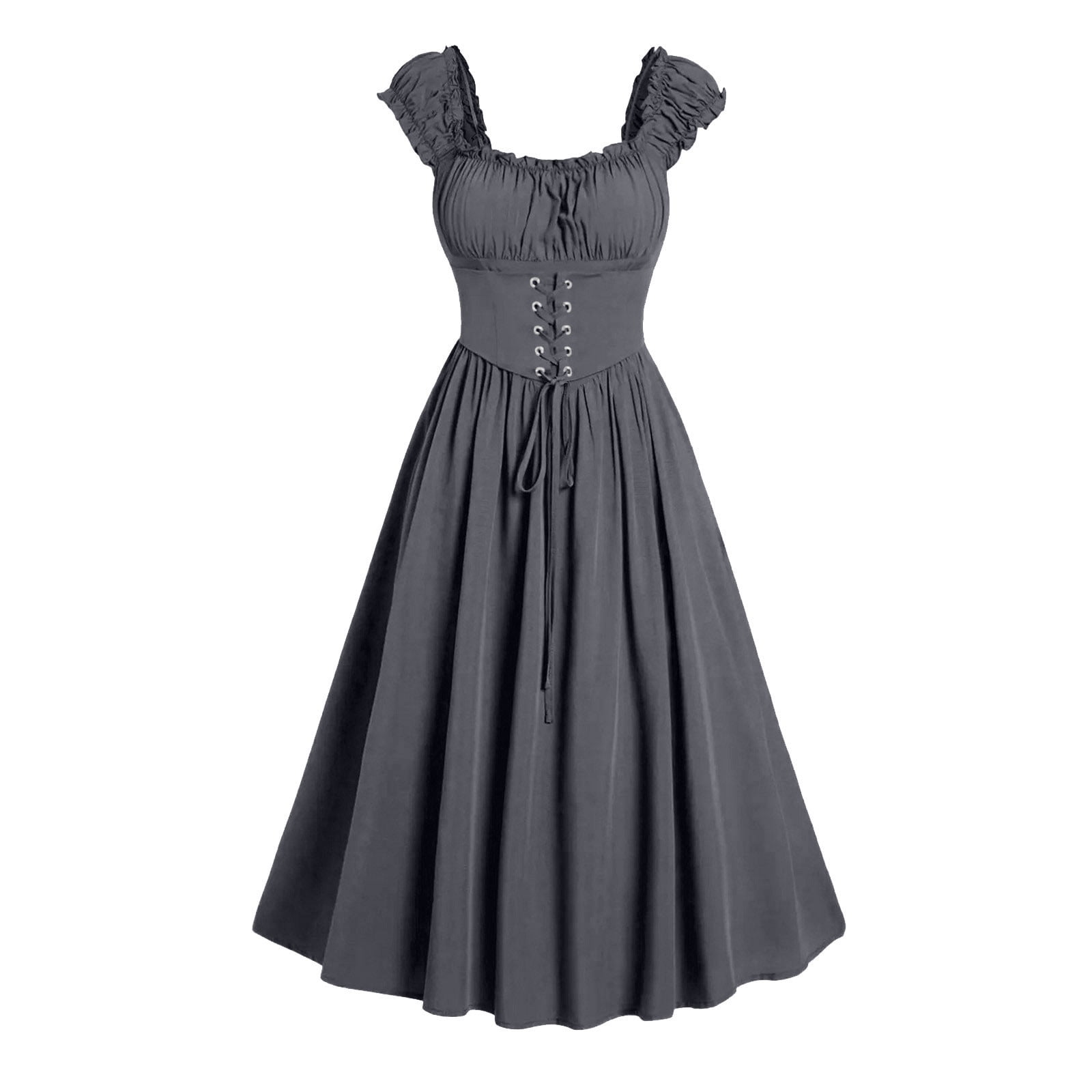 Summer Savings! RBCKVXZ Womens Lace Up Gothic Sleeve Shaping Dress Renaissance Round Neck Tie Dresses Dark Gray L